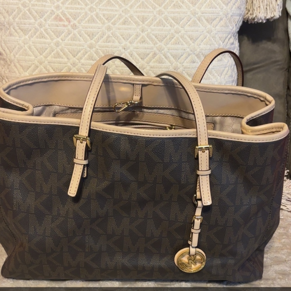 Michael Kors Brown MK Logo Tote with Pale Pink Trim